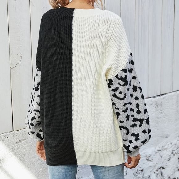 Melody Leopard Colorblock Sweater  - White/Black - Picture 3 of 5